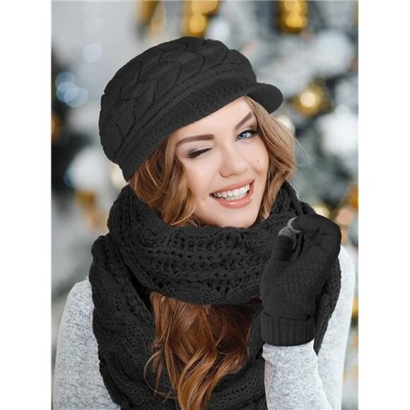 Women\'s 3 in 1 Winter Warm Knit Set Hats, Gloves and Scarves